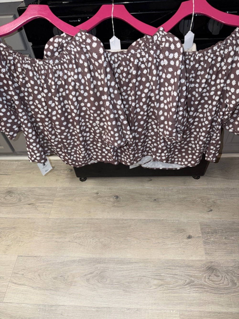 Brown Floral Off-Shoulder Top with White Daisy Print